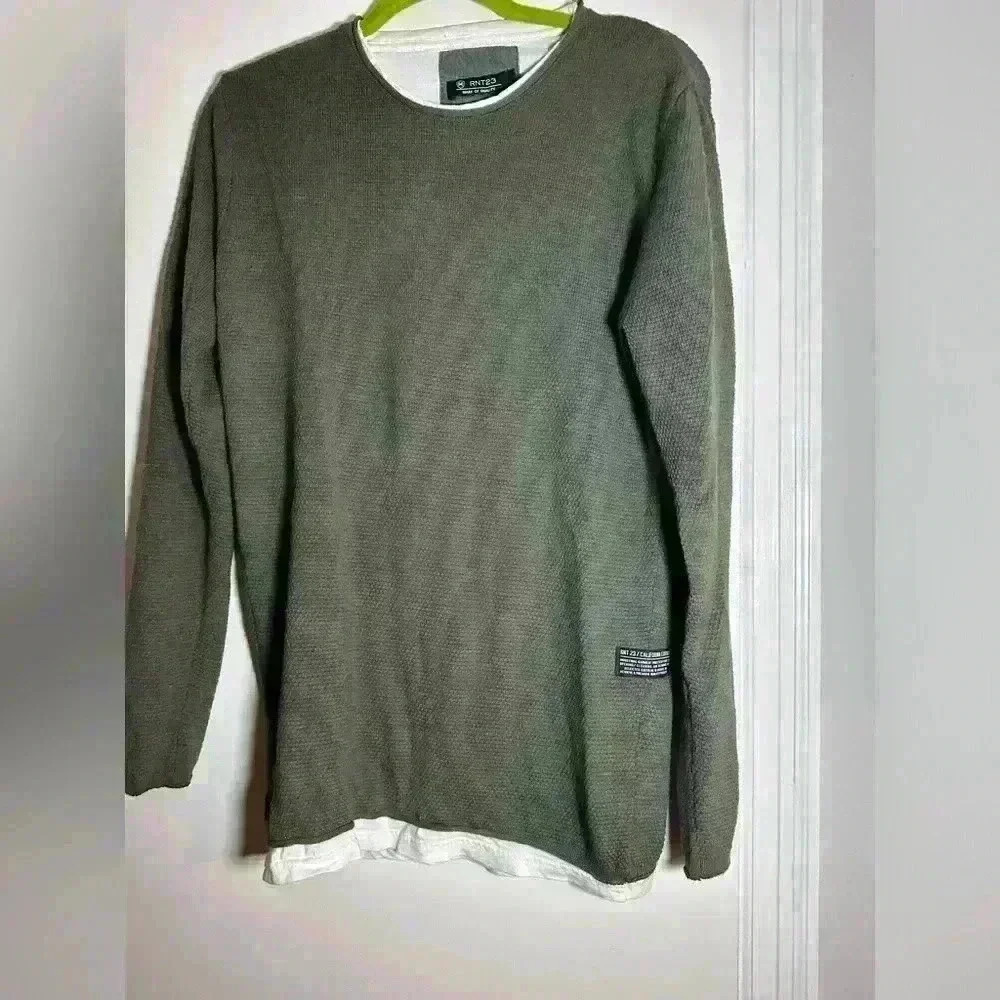 Ron Tomson Los Angeles. Men’s Waffle Knit Pullover. Green. Raw Edge. Mock Layer